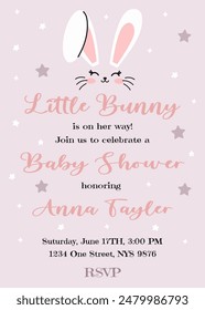 Baby shower invitation card design with cute bunny ears. Vector illustration with cute white rabbit. Invitation for children in pink pastel color. Ready to use and editable template.