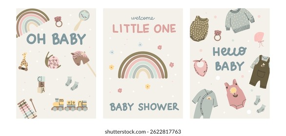 Convite para bebê. Design do cartão. Festa infantil pastel com roupas e brinquedos. Cartaz bonito ou impresso. Bandeiras decorativas. Feliz aniversário. Conjunto de ilustrações isoladas em estilo plano de desenhos animados vetoriais