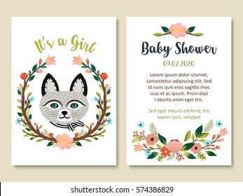 Baby Shower invitation card design with cute cat and floral elements. It's a girl theme. Set of adorable kitten face, flower wreath, leaves. Vector illustration