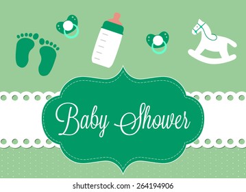 baby shower invitation card, different objects for newborn on light green background