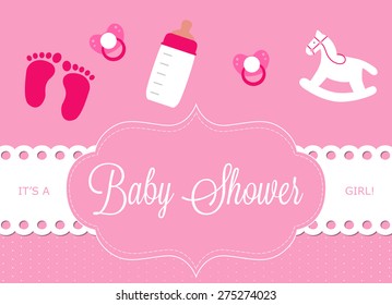 baby shower invitation card, different objects for a little woman on pink background