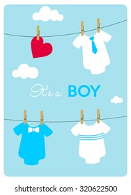 baby shower invitation card, different models of bodysuits hanging for a little boy