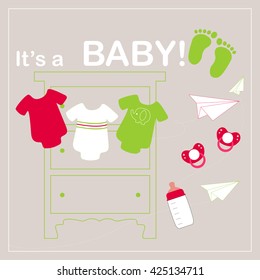 baby shower invitation card, different objects for a baby on light background