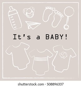 baby shower invitation card, different objects for a newborn on light background