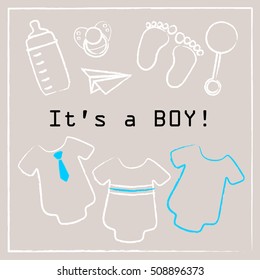 baby shower invitation card, different objects for a baby boy on light background
