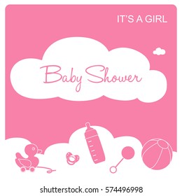baby shower invitation card, different objects for a baby girl on pink sky