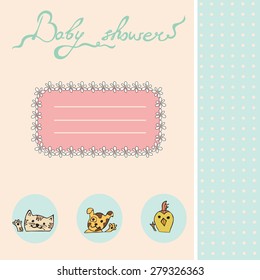 Baby shower invitation card with dog, duckling, kitten