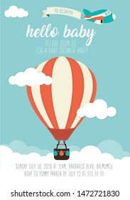 Baby Shower Invitation Card Editable Template, hot air balloon, air, cute plane, baby boy