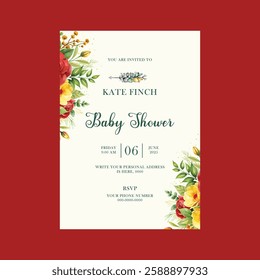 Baby shower invitation card with floral wreath .Isolated vector illustration