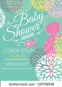 Baby Shower Invitation Card With Flowers And Pregnant Woman 
