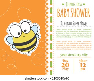 Baby shower invitation card. Baby frame with bee and stickers. It's a boy. It's a girl.