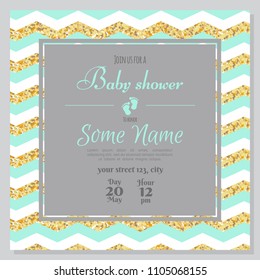 Baby shower invitation card. Baby frame with gold strips. It's a boy. It's a girl.