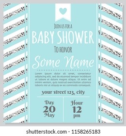 Baby shower invitation card. Baby frame with silver strips. It's a boy.