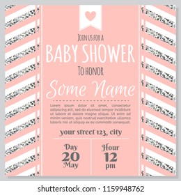 Baby shower invitation card. Baby frame with silver strips. It's a girl.