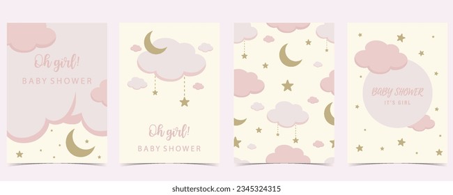 Baby shower invitation card for girl with balloon, cloud,sky, pink