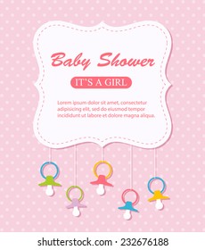 Baby shower invitation card with hanging baby dummies, vector illustration