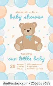 Baby shower invitation card for baby and kids new born celebration.  Greeting card with teddy bear. It's a boy. New born celebration. Template of newborn's party invitation. Vector illustration.