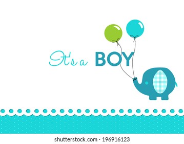 baby shower invitation card, little blue elephant with colorful balloons isolated