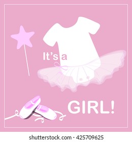 baby shower invitation card, little ballerina with magic wand on light background