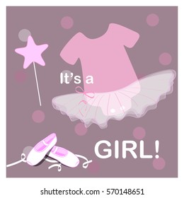 baby shower invitation card, little ballerina with magic wand on cute violet background with dots