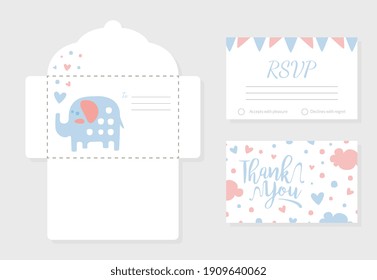 Baby Shower Invitation Card with Lovely Elephant Animal, Envelope, Thank You and Rsvp Cards in Pastel Colors Vector Illustration