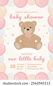 Baby shower invitation card for baby and new born kid celebration.  Greeting card with teddy bear. New born girl celebration. It's a girl. Template of newborn's party invitation. Vector illustration.