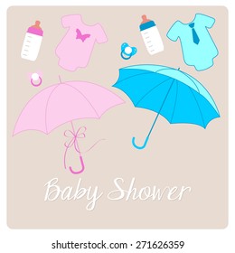 baby shower invitation card, with objects and clothing for a little boy or girl