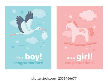 Baby shower invitation card set for boy and girl birth isolated vector illustration