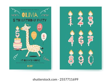 Baby Shower invitation card with space theme background template for baby girl and baby boy. Birthday party vertical template with all numbers. Giraffe with cake and candles.