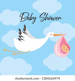 Baby shower invitation card stork with bag flying cartoon vector digital image illustration