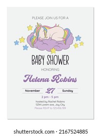 Baby shower invitation card. Sweet greeting card with sleeping unicorn for baby girl babyshower. Baby birth card design vector template. 