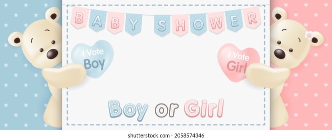 Baby Shower Invitation Card With Teddy Bear For Party, Find Out The Gender Of The Baby, Illustration Vector.	