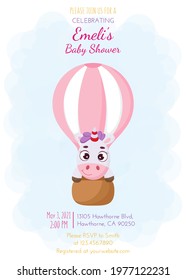 Baby Shower invitation card template with cute magic unicorn flying on hot air balloon. Funny magic unicorn cartoon character. It's a girl. Bright colored childish stock vector illustration.