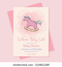 Baby shower invitation card template with cute unicorn rocking horse . Baby girl vector illustration