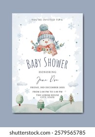Baby shower invitation card template with little snowman theme