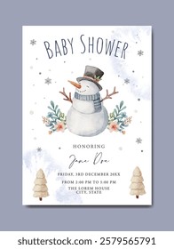 Baby shower invitation card template with little snowman theme