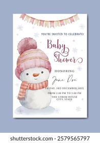 Baby shower invitation card template with little snowman theme