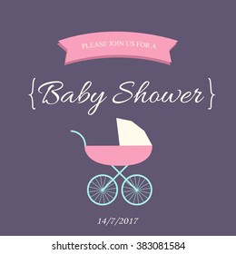 Baby shower invitation card template with ribbon and baby carriage.  Vector illustration, eps 10
