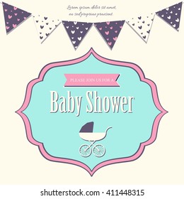 Baby shower invitation card template with baby carriage. Cute baby shower greeting card. Newborn. Vector illustration, eps 10