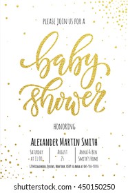 Baby Shower invitation card template. Classic golden calligraphy vector lettering. White background with gold glittering polka dot decoration.