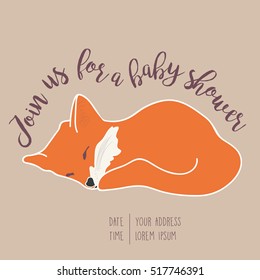 Baby shower invitation card template. Cute childish design with a sleeping baby fox and beautiful hand written text. Vector hand drawn illustration on a light cocoa color background.

