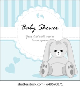 Baby shower invitation card template with place for text and cute rabbit on blue background vector illustration