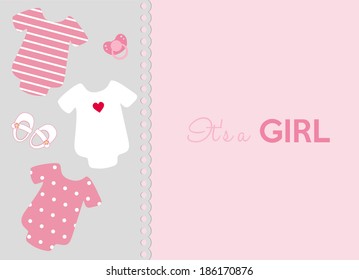 baby shower invitation card with three baby bodysuits a pair of baby shoes and a pacifier on a light pink background