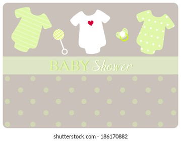 baby shower invitation card with three baby bodysuits, a pacifier and a little rattle on light background