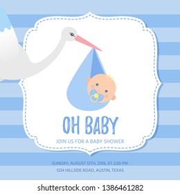 Baby Shower invitation card. Vector. Baby boy banner. Welcome template invite. Cute birth party background. Happy greeting holiday poster with newborn kid. Blue design. Cartoon flat illustration.