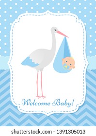 Baby Shower invitation card. Vector. Baby boy banner. Welcome template invite. Blue design. Cute birth party background. Happy greeting poster with newborn kid and stork. Cartoon flat illustration.