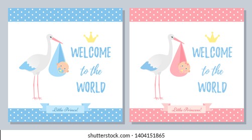 Baby Shower invitation card. Vector. Baby boy girl banner. Welcome template invite. Blue, pink design. Birth party background. Set happy greeting posters with newborn kid, stork. Cartoon illustration.