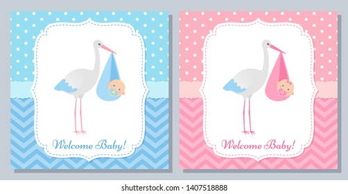 Baby Shower invitation card. Vector. Baby boy, girl banner. Welcome template invite. Pink, blue design with newborn kid and stork. Cute birth party background. Happy greeting poster. Flat illustration