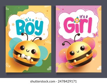 Baby shower invitation card vector poser set. Boy or girl gender reveal card template with handsome and lovely bee characters for surprise baby shower celebration design. Vector illustration boy 