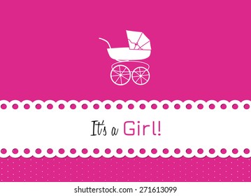 baby shower invitation card, vintage baby carriage and cotton lace to announce the birth of a little woman